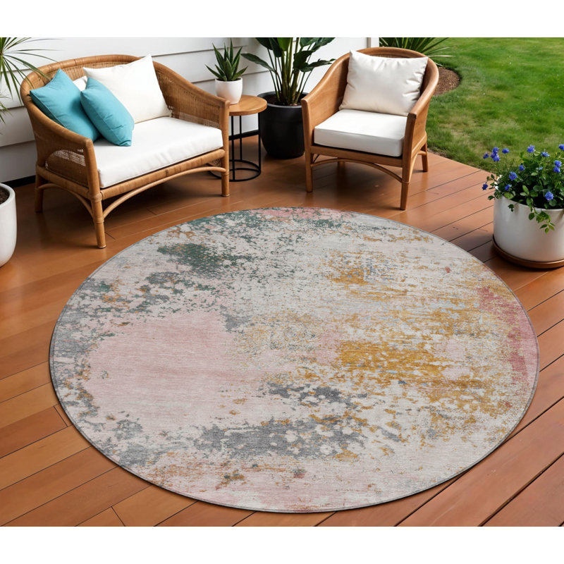 Tapis d'extérieur rond lavable abstrait gris anthracite et cuivre 8 pi