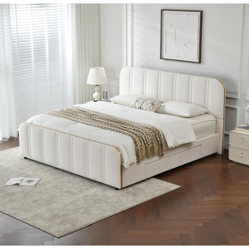 Upholstered Bed with 2 Large Wooden Storage Drawers, King, Black