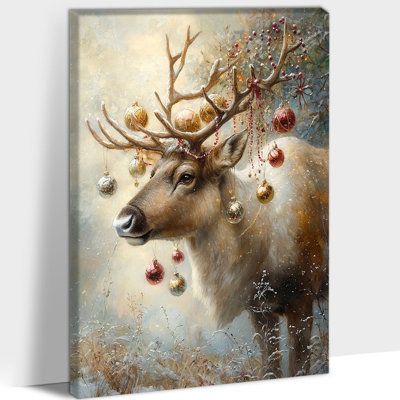 Large Christmas Pictures Wall Decor - Reindeer Christmas Tree Art Canvas Wall Art, Vintage Christmas Prints for Living Room Pictures, Holiday Wall Art Painting Framed Wrapped Canvas, 32×48 inches