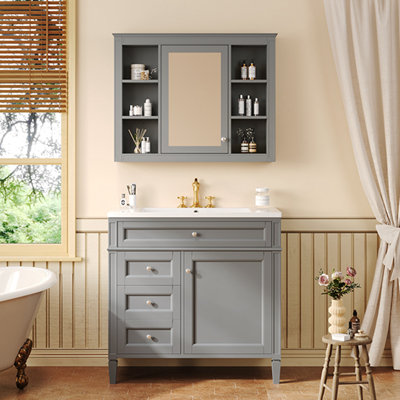 36"Freestanding Bathroom Vanity with Ceramic Sink and Mirror Cabinet