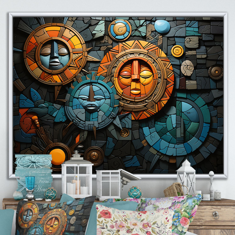 Mosaïque de culture africaine sur toile, Cadre flottant blanc, H 30 po x l 40 po x P 1,5 po