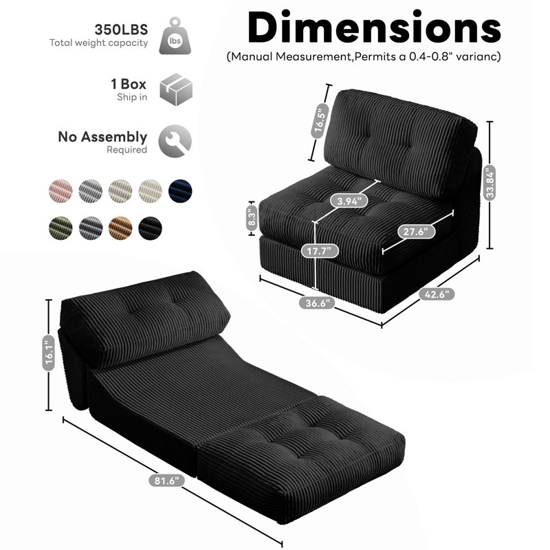  8.3" Compression Futon mattress, Folding Sofa Bed, Modern Corduroy Upholstered Sofa Comfortable Accent Chair, Black