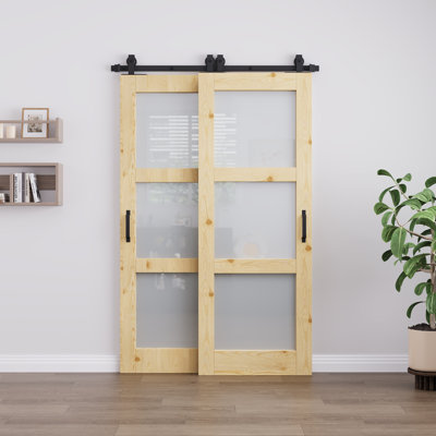 Porte de grange coulissante Bypass pré-assemblée avec porte en bois de pin massif en verre givré 3 pièces avec trousse de quincaillerie d'installation