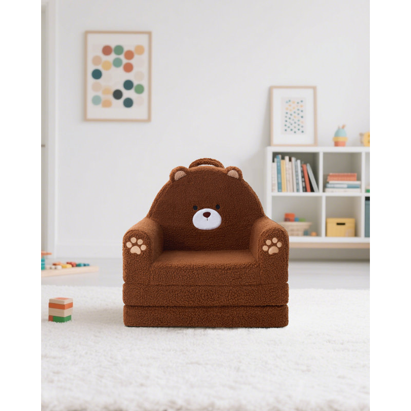 2-in-1 Foldable Toddler Couch, Soft Sherpa Fabric with Washable Cover, Convertible Sofa to Lounger, Kids Sofa for Playroom, Bedroom, Living Room, Birthday Gift, Ages 1-3, Bear, Medium