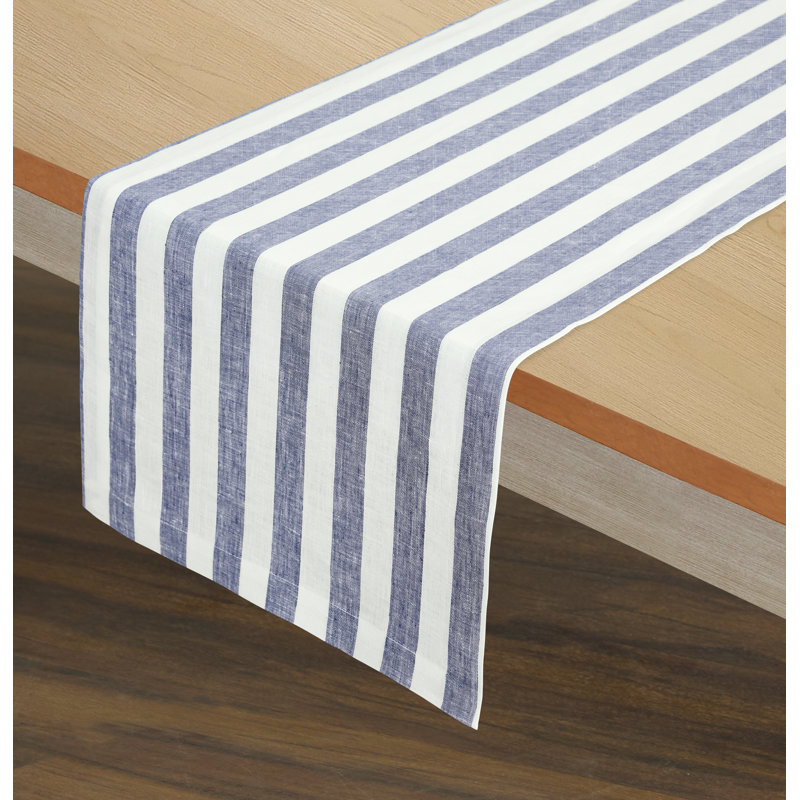 100% Pure Linen  Table Runner - Sorrento Stripe, 108" x 14", Navy/White