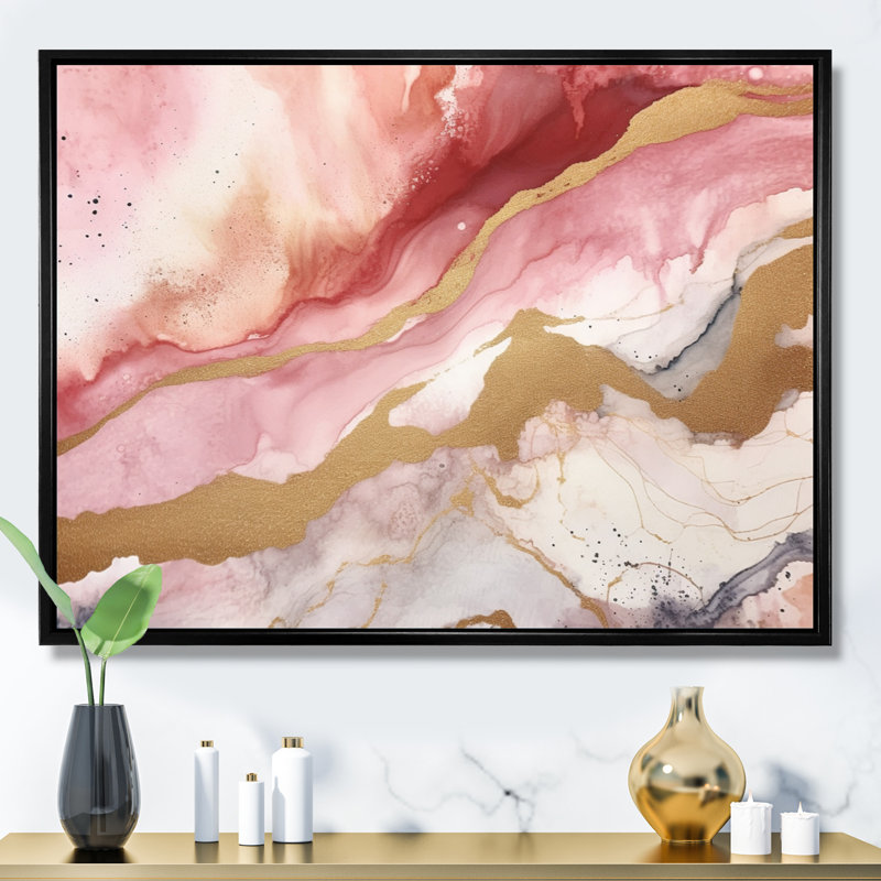 «Rose and Gold Enchanted Spills I», art mural abstrait pour le salon, 16" H x 32" W, Cadre flottant noir