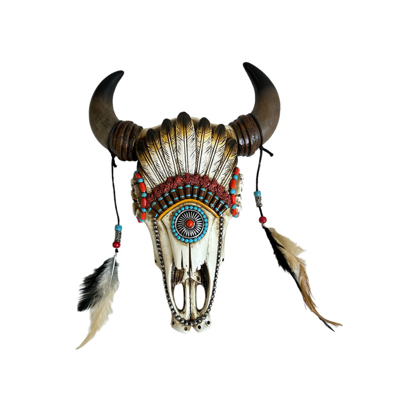 Bull Skull with Feather Headdress Rustic Southwestern Wall Décor
