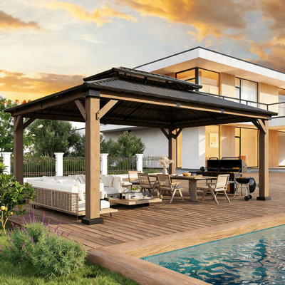 Jolydale Soild Wood Gazebo, Hardtop Gazebo With Galvanized Steel Double Roof, Suitable For Patios, Lawn And Backyard