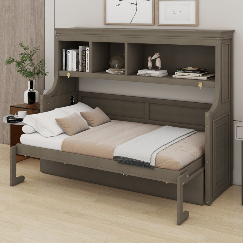 Lit escamotable avec bureau et tablettes de rangement, Gris