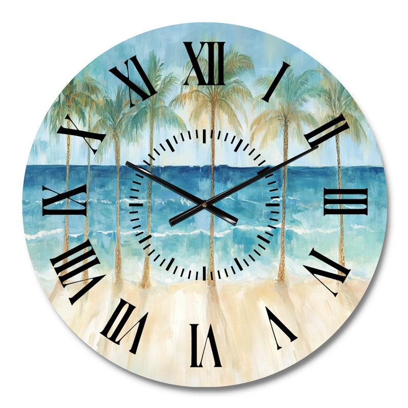 Horloge murale ronde en métal tropical - Collage de feuilles de palmiers Horizon à la plage IV, Petit