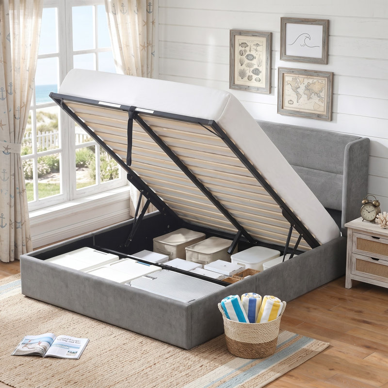 Lit plateforme tapissier avec rangement Gaillarde, Double, Graphite