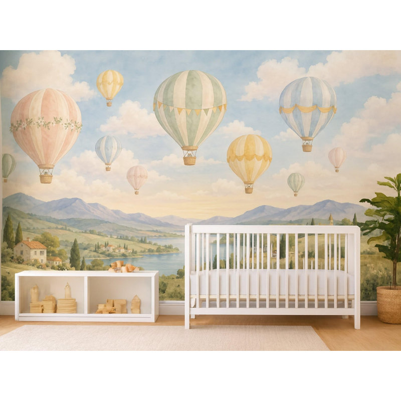 Hot Air Balloons Wallpaper Mural, Peel and Stick Kids Room Wall Mural, Watercolor Nursery Wallpaper Made to Measure