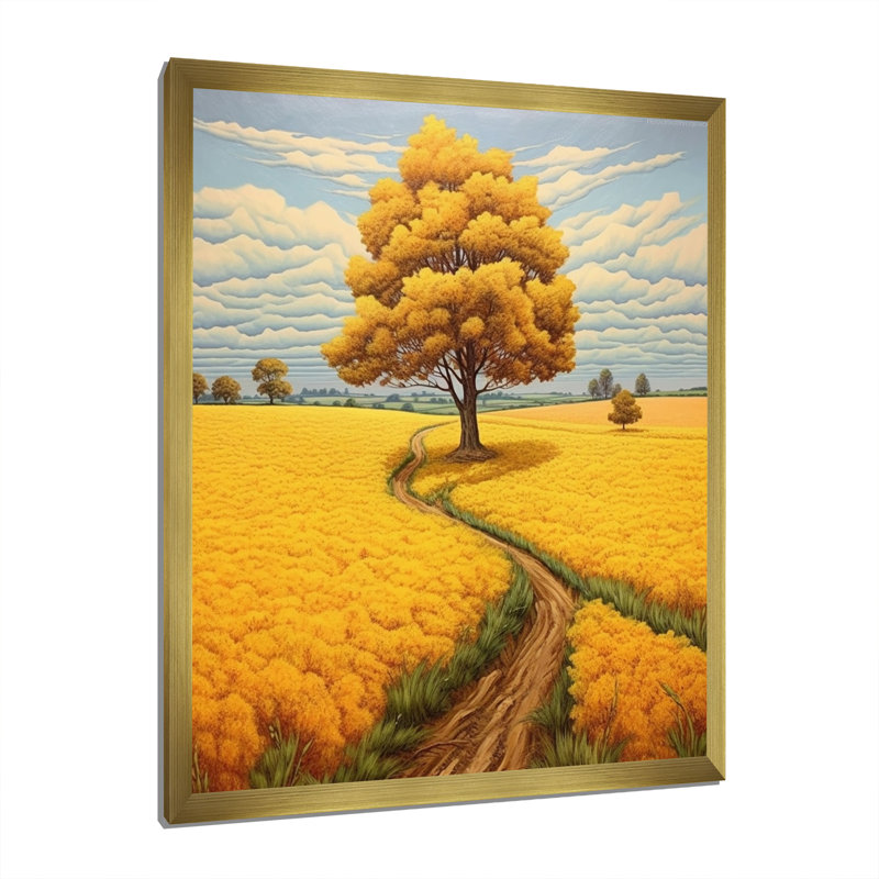 «Yellow Tree in Blossoming Golden Meadow», reproduction sur toile, H 40 po x l 30 po x P 1,5 po, Encadrement doré