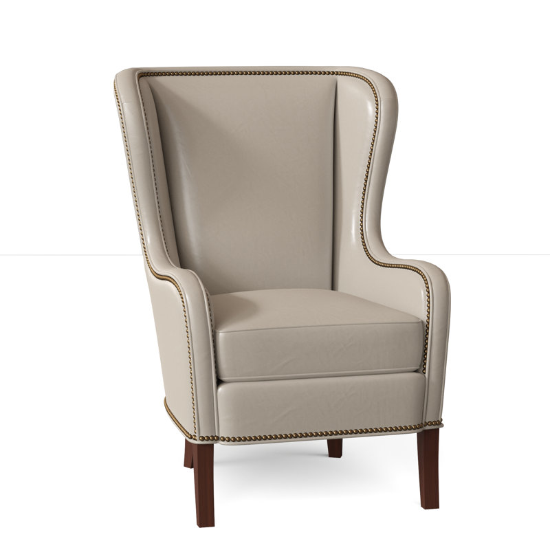 Aurora Wingback Chair, French Natural, Mahogany, Aline Light Gray Stonewash Genuine Leather