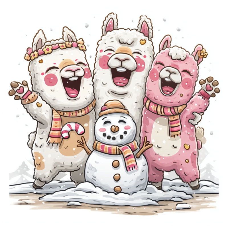 «Llamas with Snowman», toile tendue dans de nombreuses tailles, 32 po x 32 po