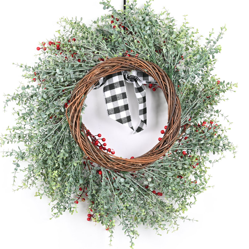 Couronne de Noël 24 po Eucalyptus and Berry Welcome, Vert/rouge