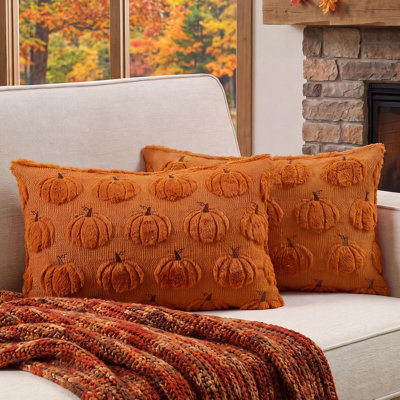 Housses de coussin décoratives d'automne 12x12, lot de 2, petites housses citrouille rouille, confort moelleux double face avec broderie citrouille en relief, conçues pour les salons, les chambres et une décoration intérieure d'automne chaleureuse.
