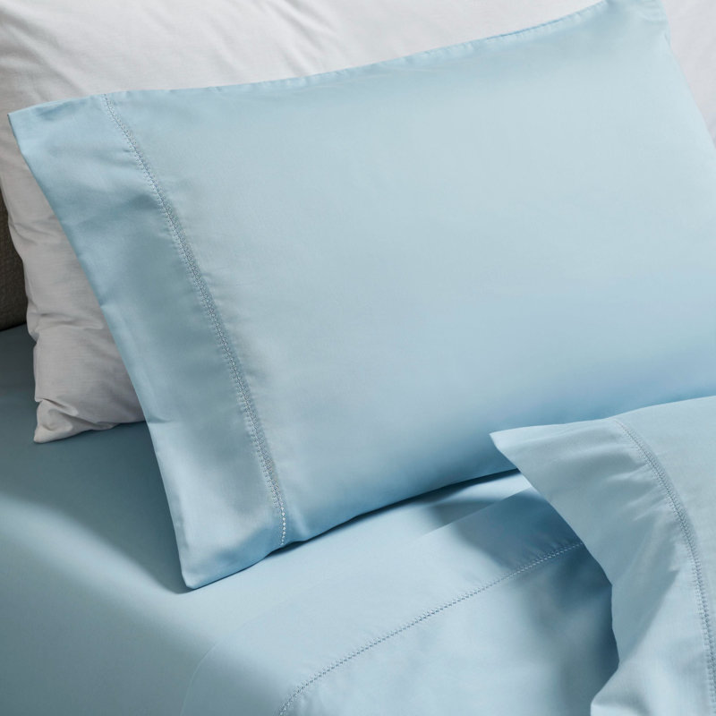 Pandora Cotton Blend 600 Thread Count Embroidered Hem Pillowcase Set Of 2, Blue, Standard Pillowcase