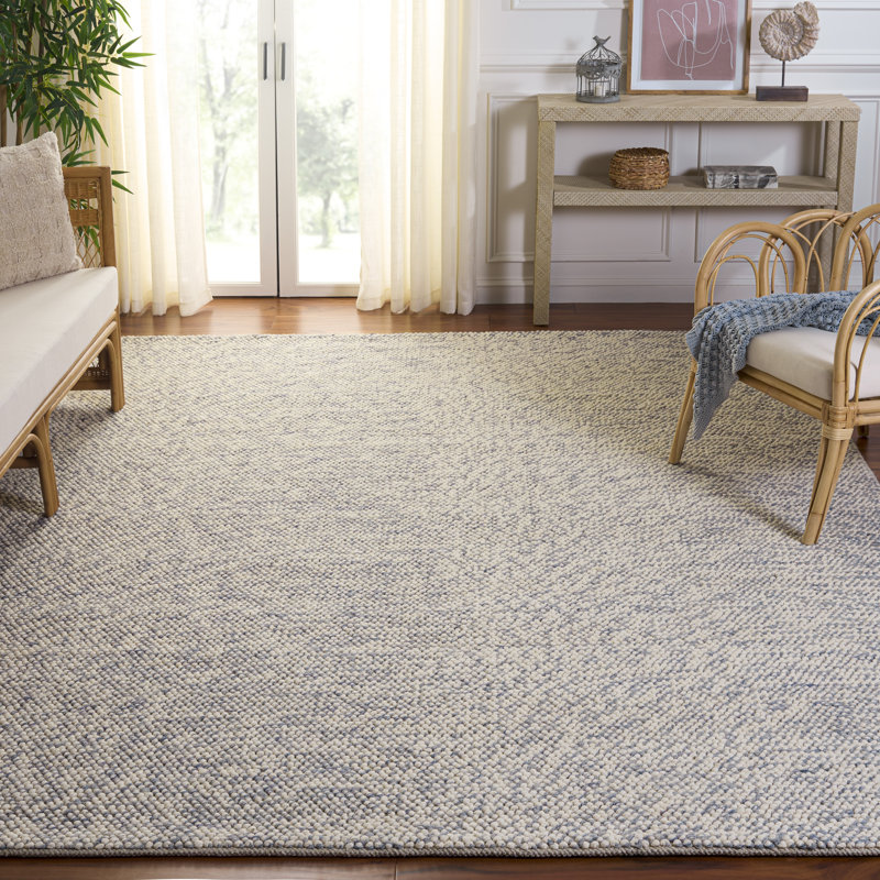 Almus Geometric Handmade Hand-Loomed Blue / Ivory Area Rug, Rectangle 8' x 10'