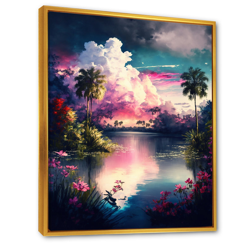 «Cissell Beautiful Sunset Over A Tropical Lake III», reproduction sur toile, L 16 po x H 32 po, Cadre flottant doré