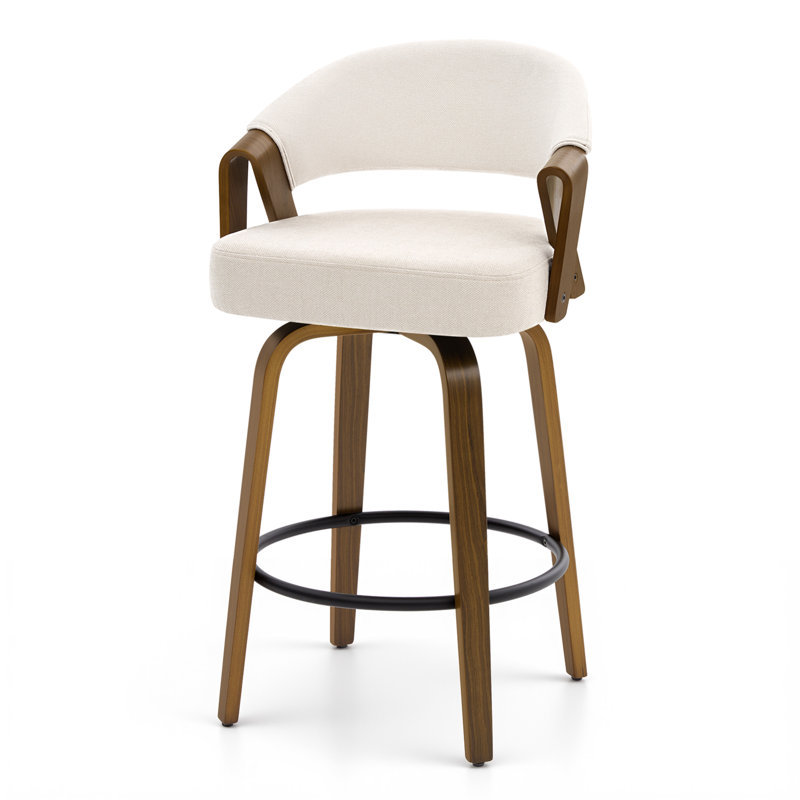 360° Swivel Mid-Century-Modern Walnut Bar Stool With Curved Upholstered Back, White