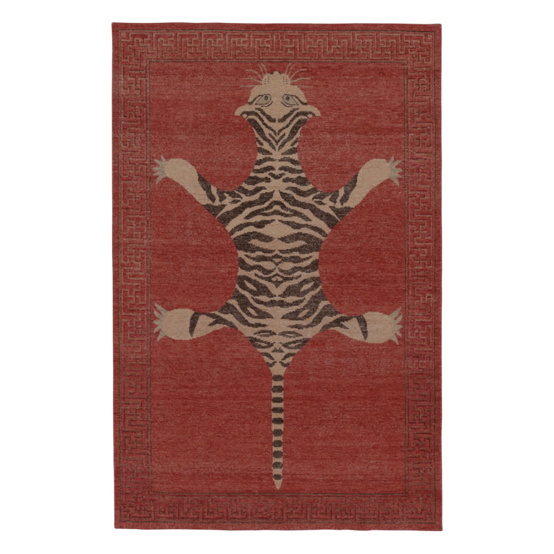 Rug & Kilim’S Distressed Tiger Rug In Red With Beige And Brown Pictorial