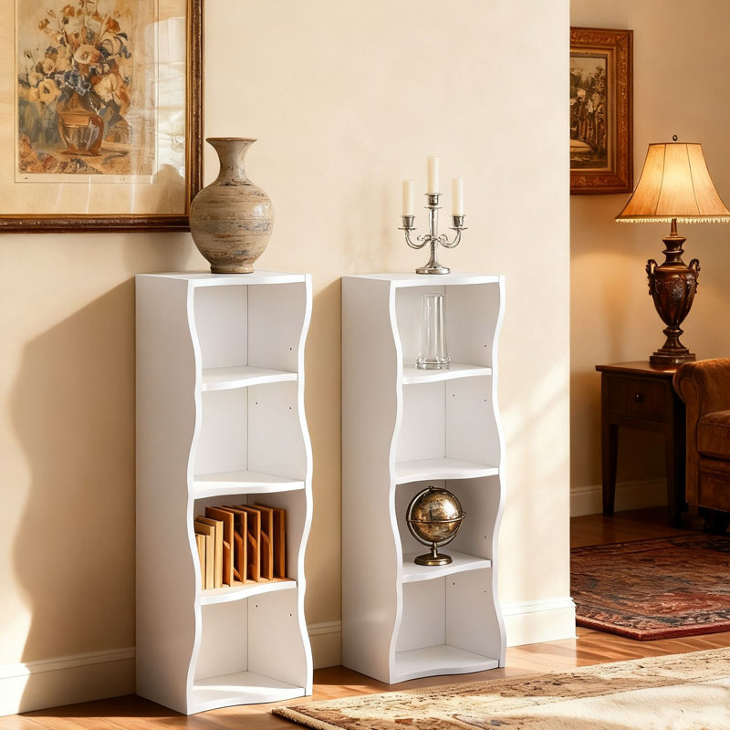 Tall Narrow Wave Edge Bookcase, Freestanding Display Shelf for Home Office, Multiple Colors, White