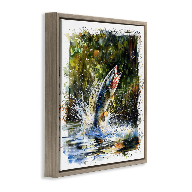  "Splashing Lake Bass", art mural encadré par LSR Design Studio, H 18 po x l 18 po, Cadre flottant orme Montalcino