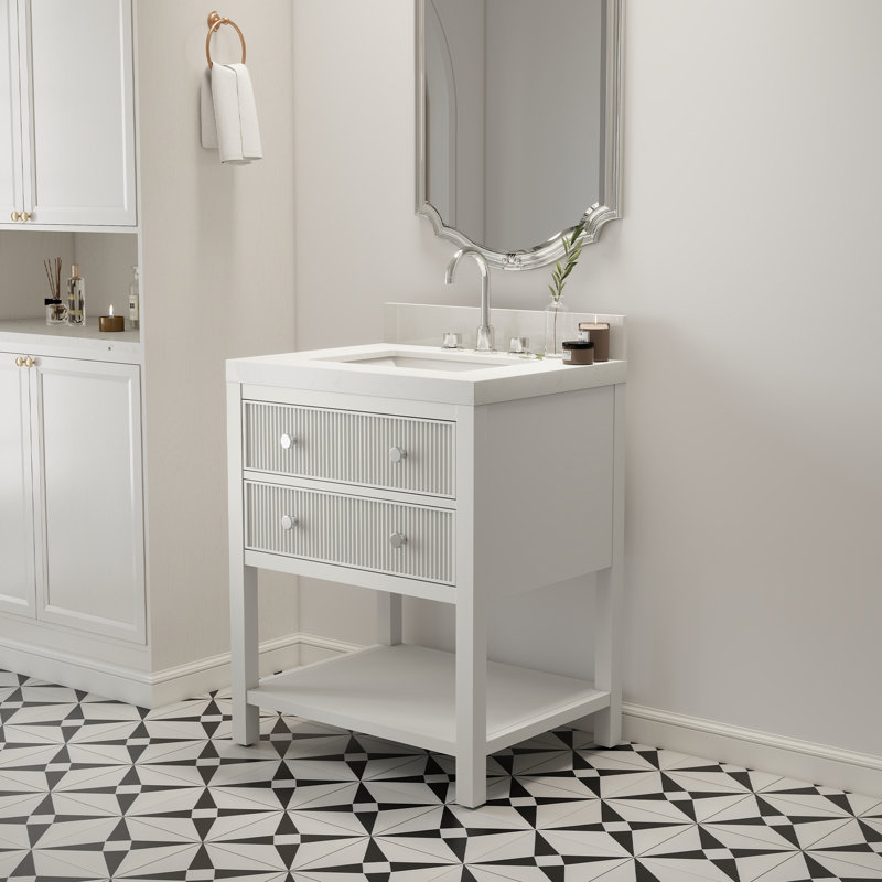 Meuble-lavabo simple en bois massif 28 po avec comptoir en quartz blanc Thassos Capri Capri, Blanc classique, 28"