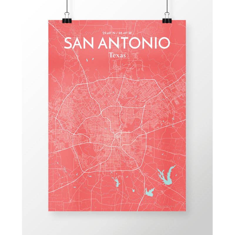 San Antonio City Map - impression d'art graphique, H 24 po x l 18 po x P 0,05 po