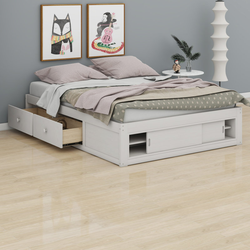 Sturdy Platform Bed Frame with 4 Storage Drawers and Footboard Cubby, No Headboard, Antique White