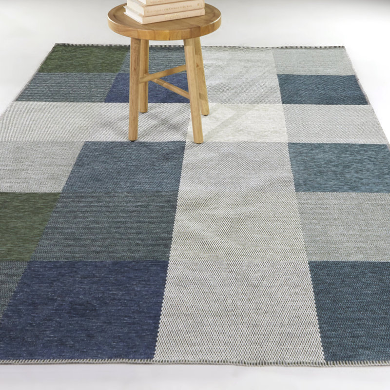 Tapis tissé à la machine rectangulaire en chenille bleu / gris / vert, Rectangle 5 pi 3 po x 7 pi