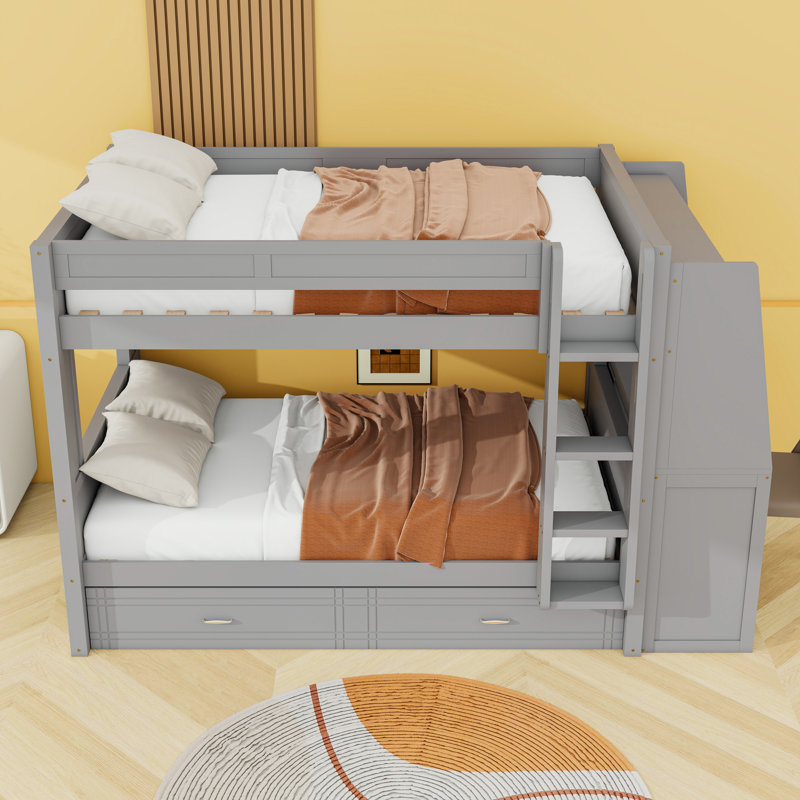 Full over Full Bunk Bed With Desk, Bookshelves And Twin Trundle, Gray