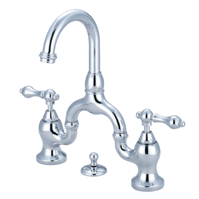 Kingston Brass English Country Two-Handle 3-Hole Deck Mount Bridge Bathroom Faucet with Brass Pop-Up, Polished Chrome