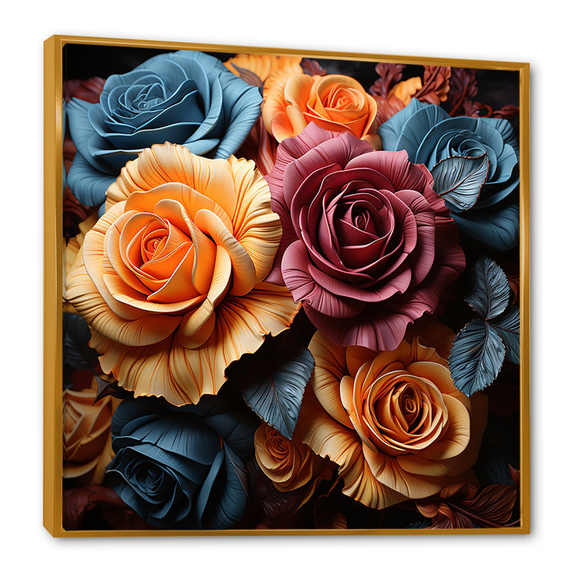 Roses multicolores «Alive» avec pinceau II, Cadre flottant doré, H 24 po x l 24 po x P 1 po