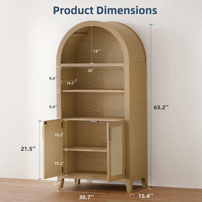Arched Display Cabinet With Beech-wooden Door, Rattan Storage Cabinet With Adjustable Shelf, Farmhouse Kitchen Cabinet With Anti-tipping Device For Living Room/kitchen(64”)