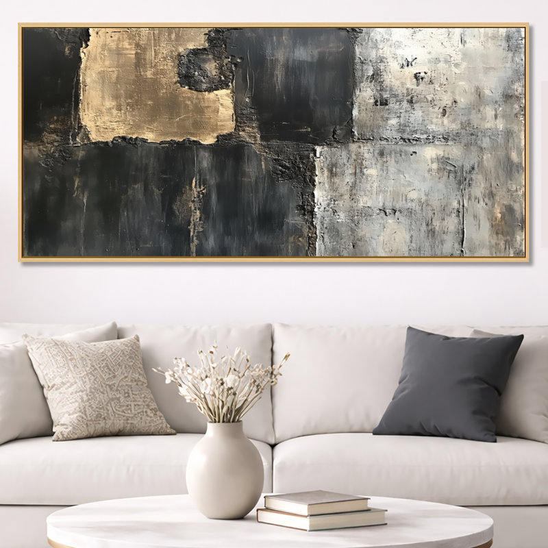 «Slab Collage», art mural abstrait gris et noir, Jeff, Cadre naturel flottant, H 28 po x l 60 po