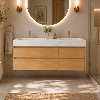 Meuble-lavabo double 48 po avec plan de travail en pierre d'ingénierie, lumière DEL et 6 tiroirs à fermeture douce, finition érable