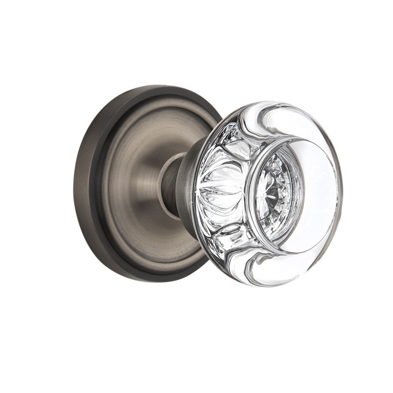 Classic Rosette with Round Clear Crystal Door Knob, Antique Pewter