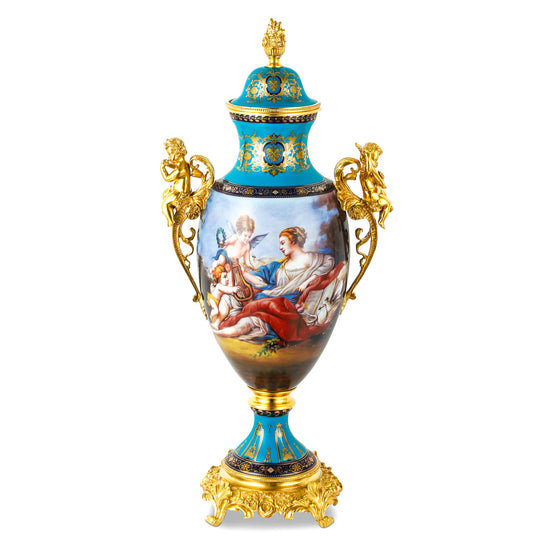 Elegant and Decorative 28 Inch Louis XV Jar with Porcelain & Bronze Cherub Handles for Home Decor