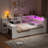Beige White Full Size Platform Bed with Trundle, LED Upholstered Headboard, Desk, Shelves & Charging Station-930927214