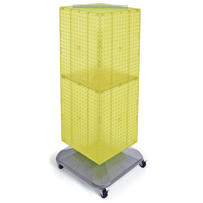  Four-Sided Pegboard Tower Floor Display on Revolving Wheeled Base. Spinner Rack Stand. Panel Size: 14"W x 40"H