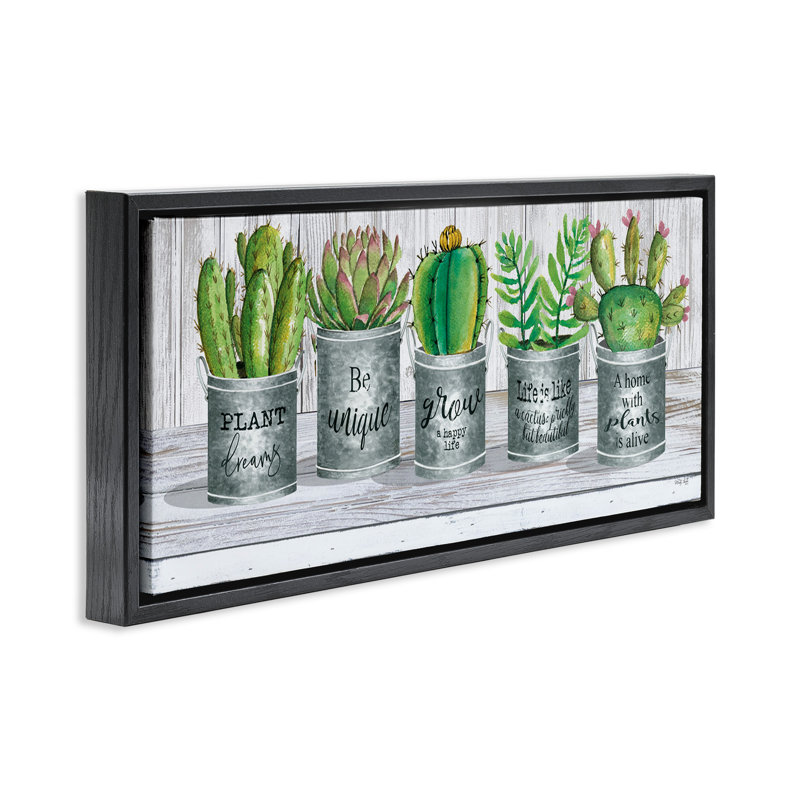 "Succulents with Plant Life Puns", art mural encadré par Cindy Jacobs, Cadre flottant noir de jais, H 11 po x l 25 po