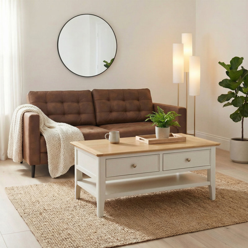 Bodkin Wooden Rectangular Coffee Table With Drawers & Shelf - Traditional Farmhouse Style, Cream