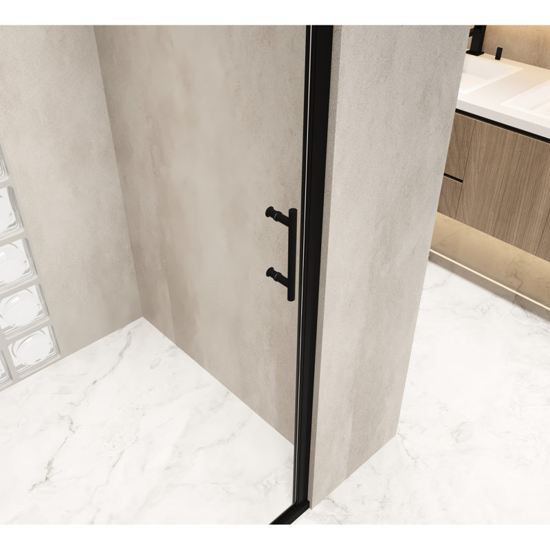 Porte de douche pivotante 34 x 72 po avec cadre en aluminium noir mat, film de preuve et poignée pratique en acier inoxydable