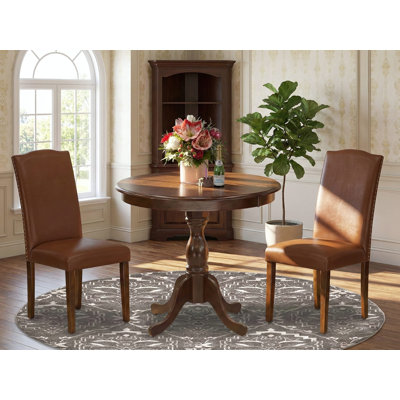 3 Piece DINETTE SET Consists of 1 Wooden Table and 2 Brown faux Leather Upholstered Chair High Back with Nail Heads - Mahogany Finish