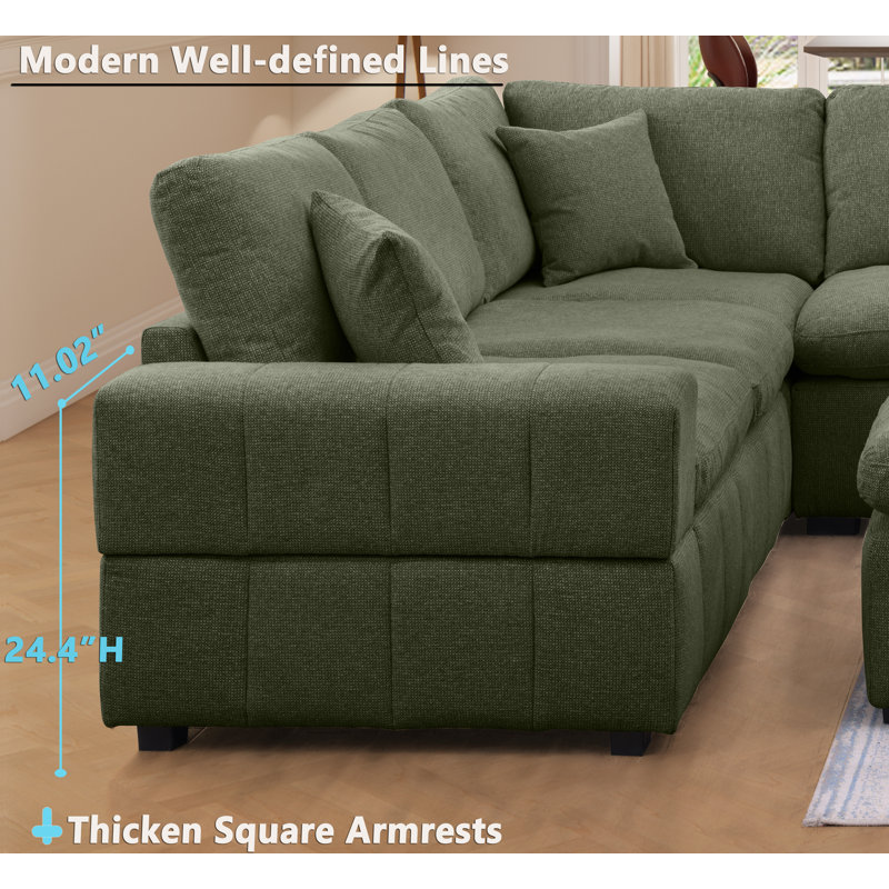 Upholstered Chenille 6 Piece Modular Sectional Sofa With Central Console, Wireless Charging & Storage, Dark Green Chenille
