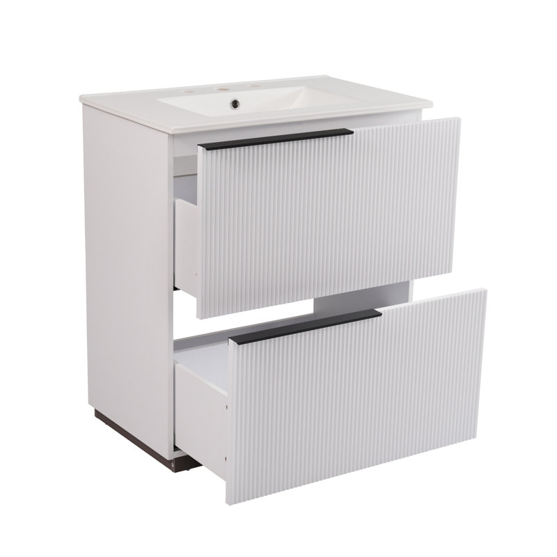 Meuble-lavabo de salle de bain avec lavabo en céramique et tiroirs pleine extension, Blanc
