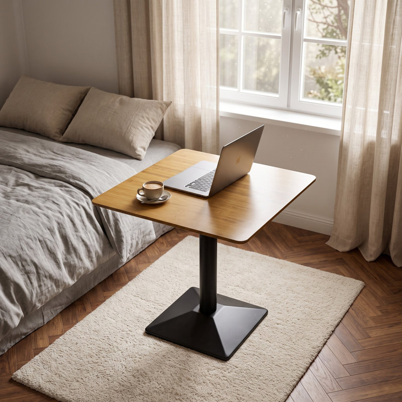 Compact Square Dining Table for Two - Modern Bamboo Top with Black Metal Pedestal Base
