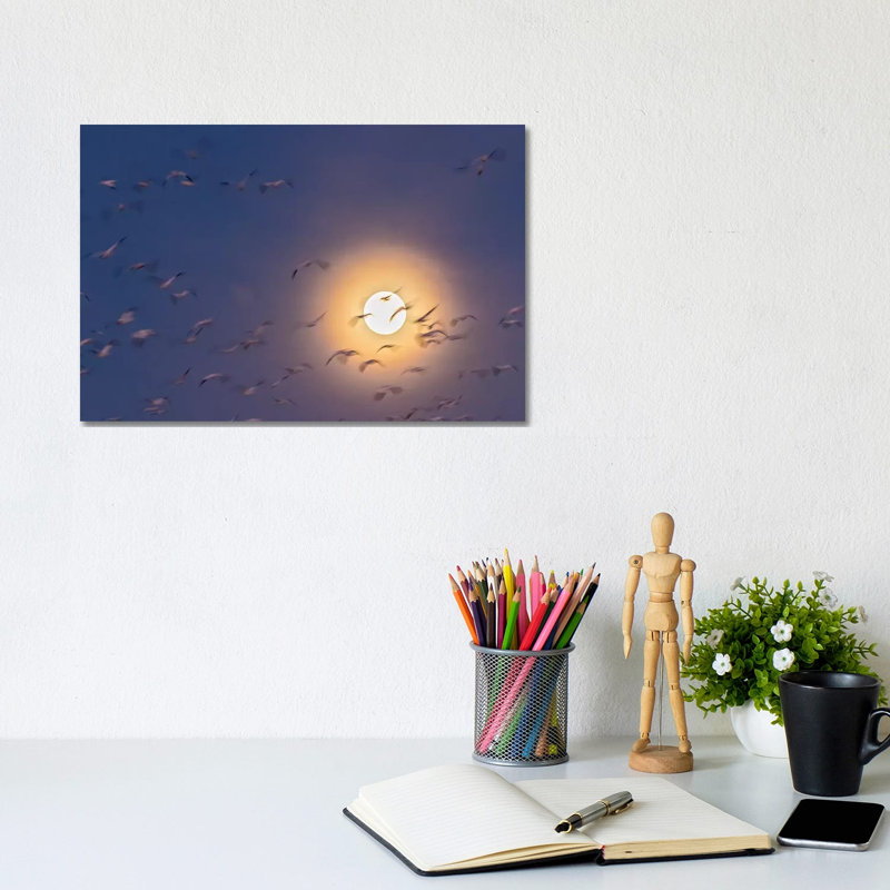 USA, New Mexico, Bosque Del Apache National Wildlife Refuge. Snow Geese Blur And Full Moon. by Jaynes Gallery - Wrapped Canvas Gallery-Wrapped Canvas Giclée